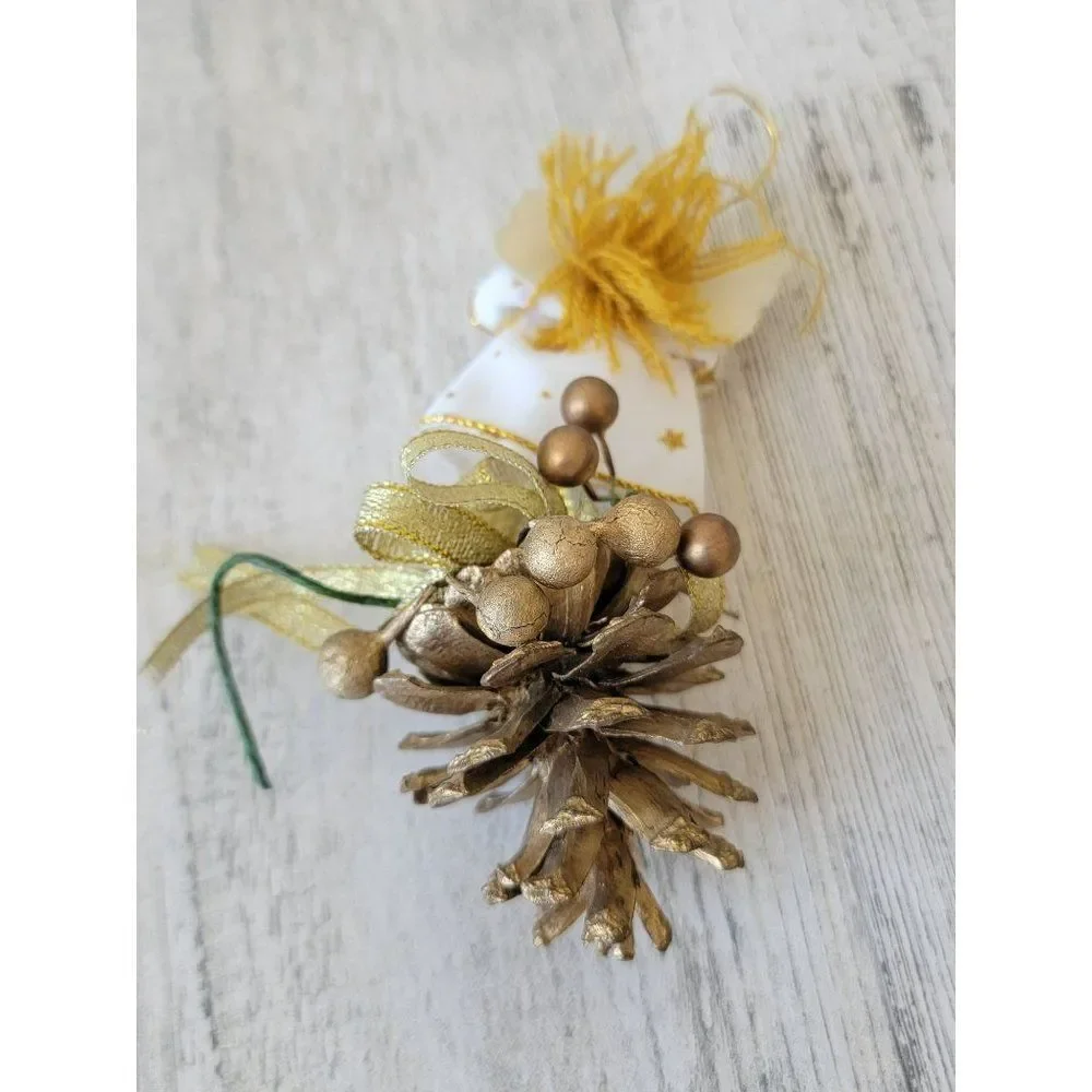 Vintage wooden angel pine cone golden ornament‎ Xmas decor trumpet